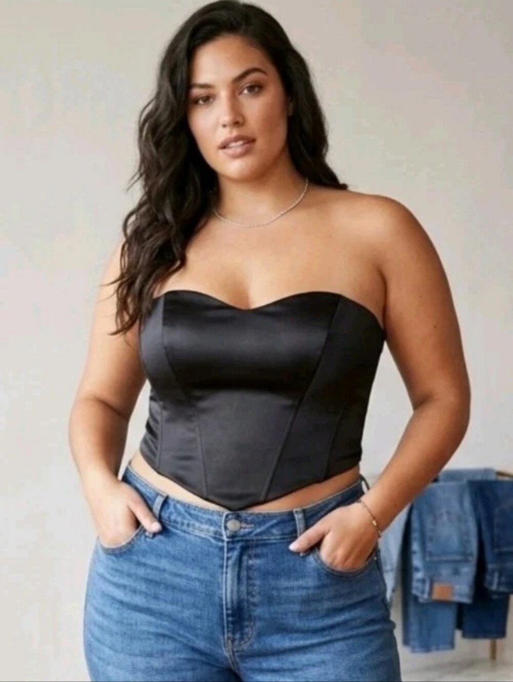 Vintage Bill Levkoff Satin Corset Black Sculpted Strapless Boned Crop Top 14